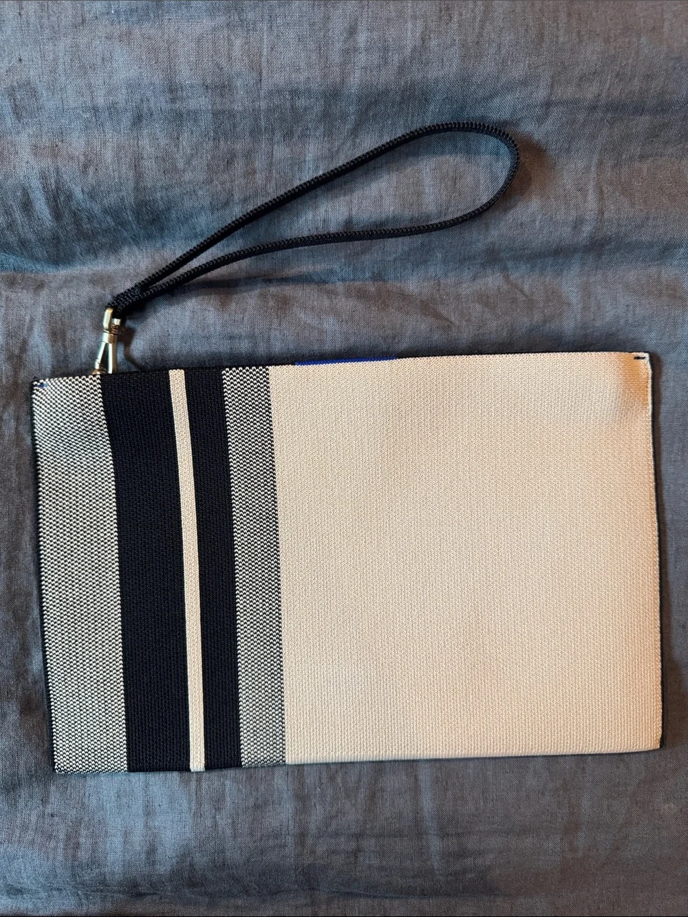 Rothy's Black & Cream Striped Canvas Wristlet